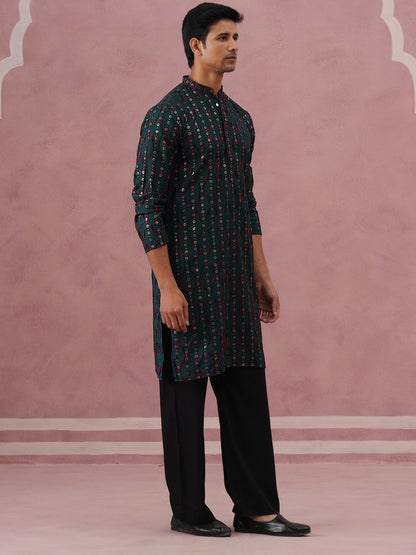 Silk Blend Embroidered Kurta Pyjama Set For Men
