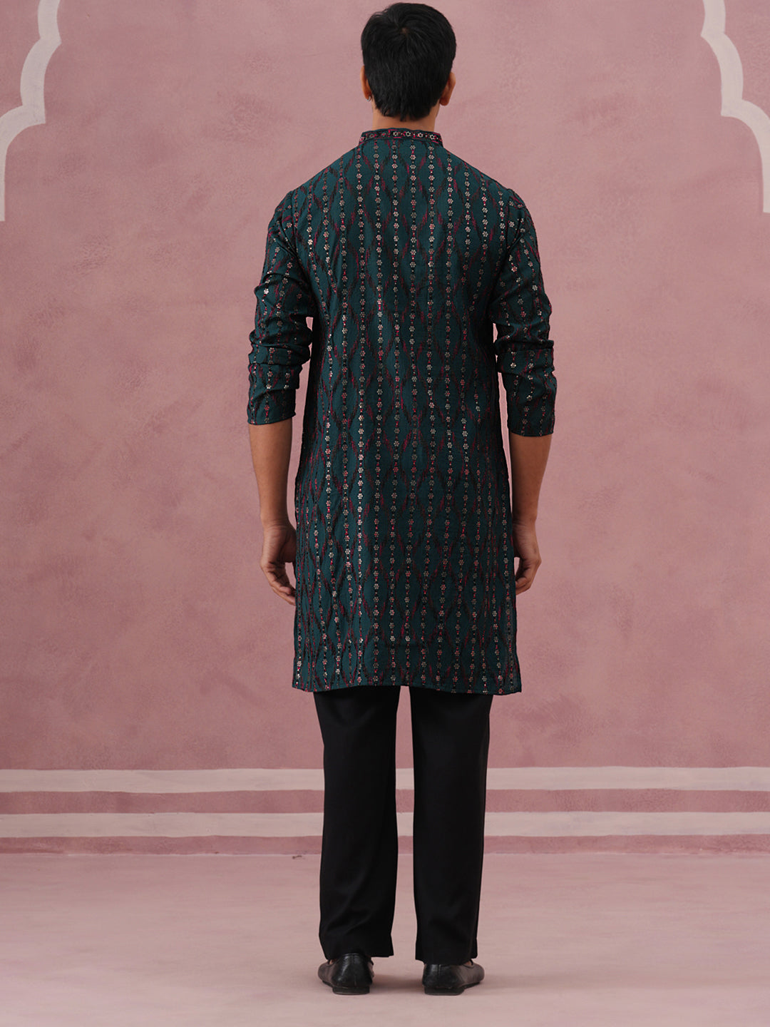 Silk Blend Embroidered Kurta Pyjama Set For Men