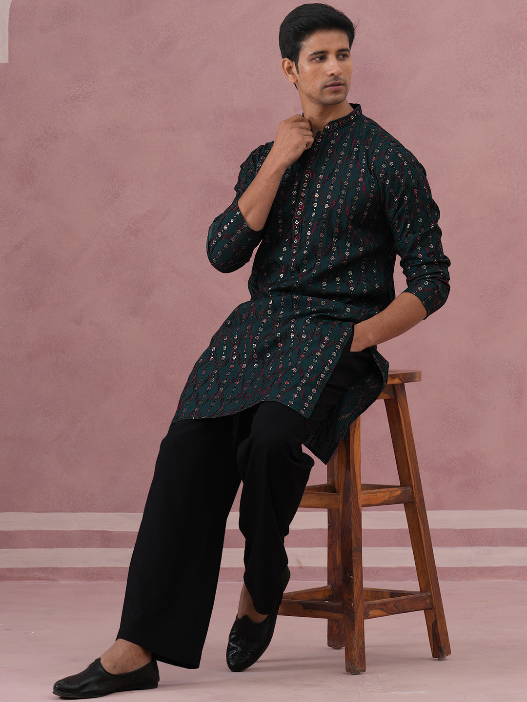 Silk Blend Embroidered Kurta Pyjama Set For Men