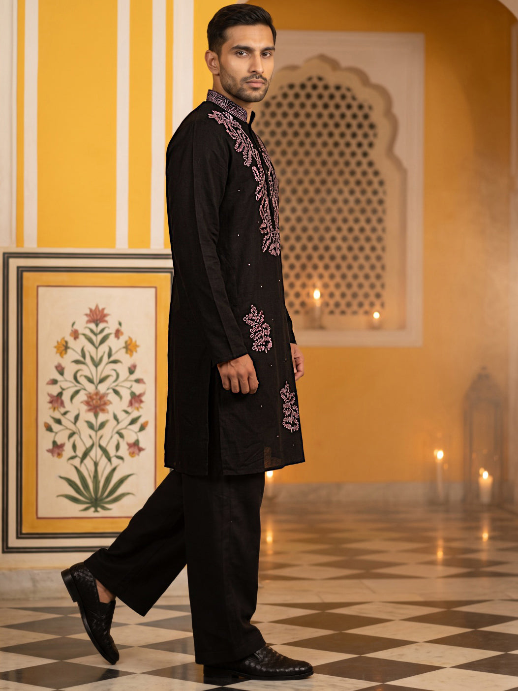 Black Silk Blend Embroidered Kurta With Korean Pants