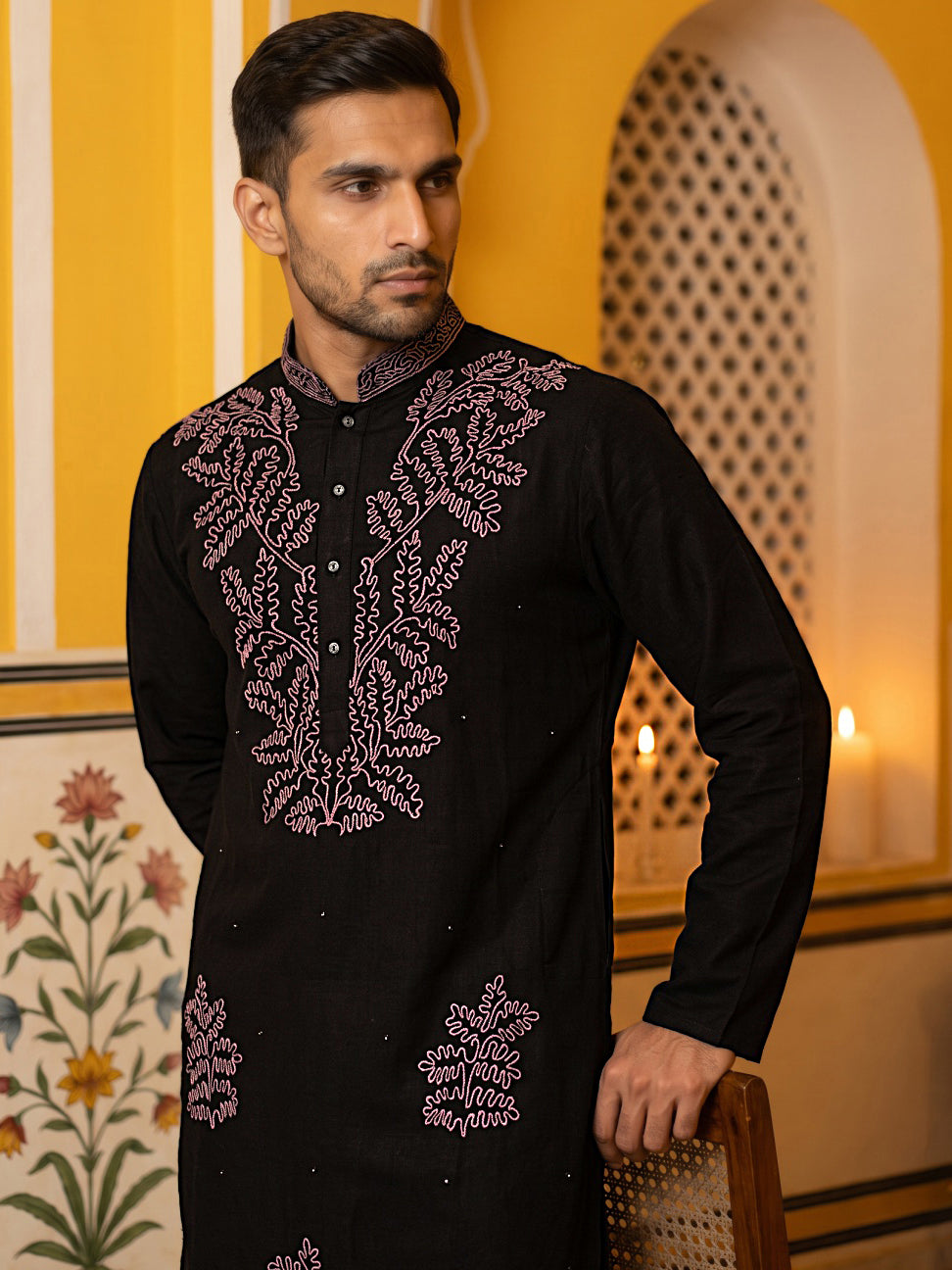 Black Silk Blend Embroidered Kurta With Korean Pants