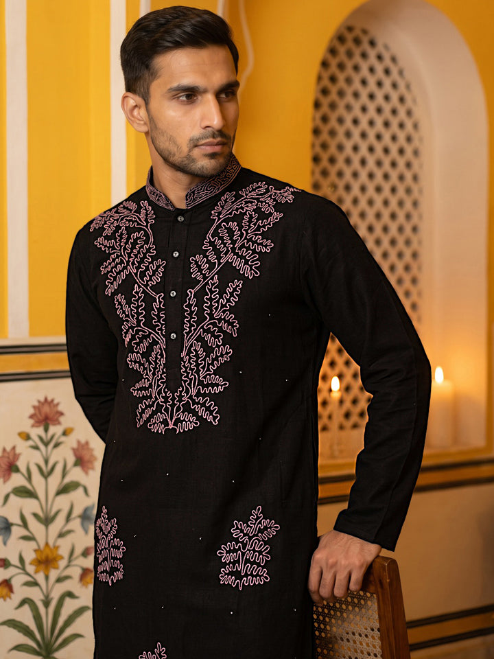 Black Silk Blend Embroidered Kurta With Korean Pants