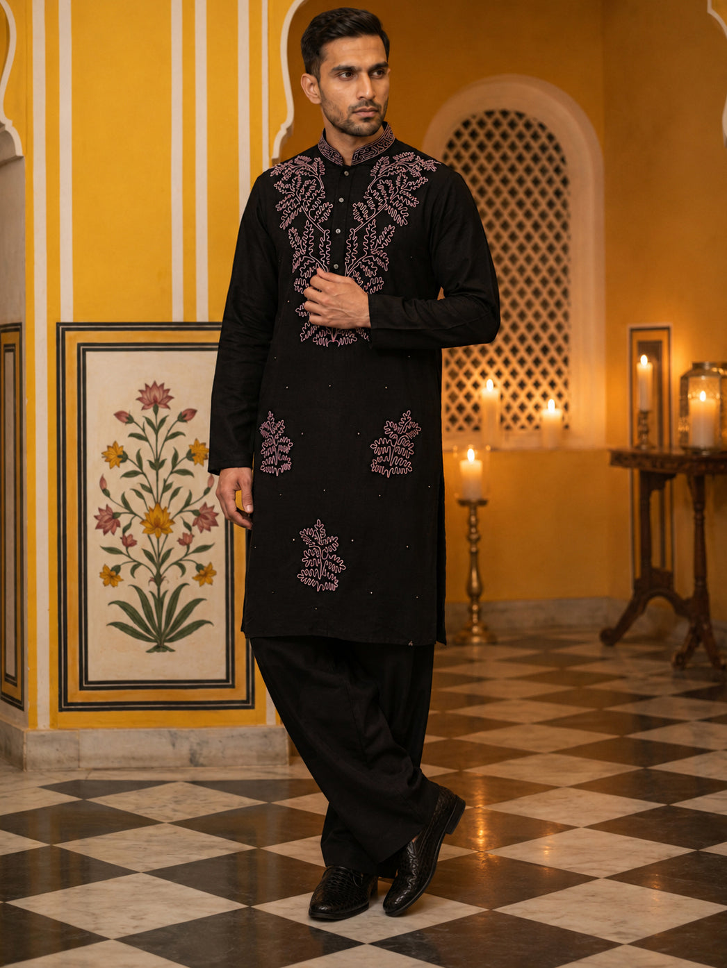 Black Silk Blend Embroidered Kurta With Korean Pants