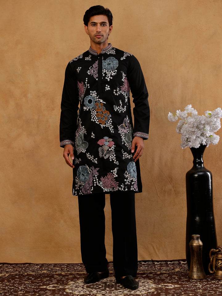 Black Silk Blend Embroidered Kurta With Korean Pants