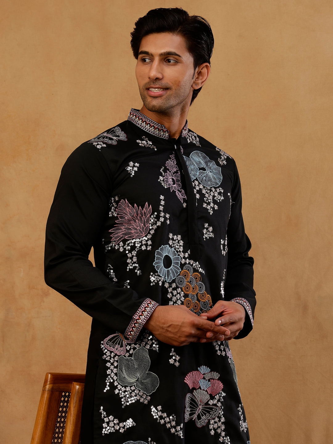 Black Silk Blend Embroidered Kurta With Korean Pants