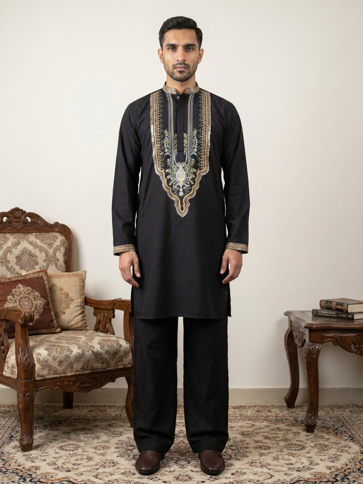 Black Cotton Blend Ethnic Embroidered Kurta With Korean Pants