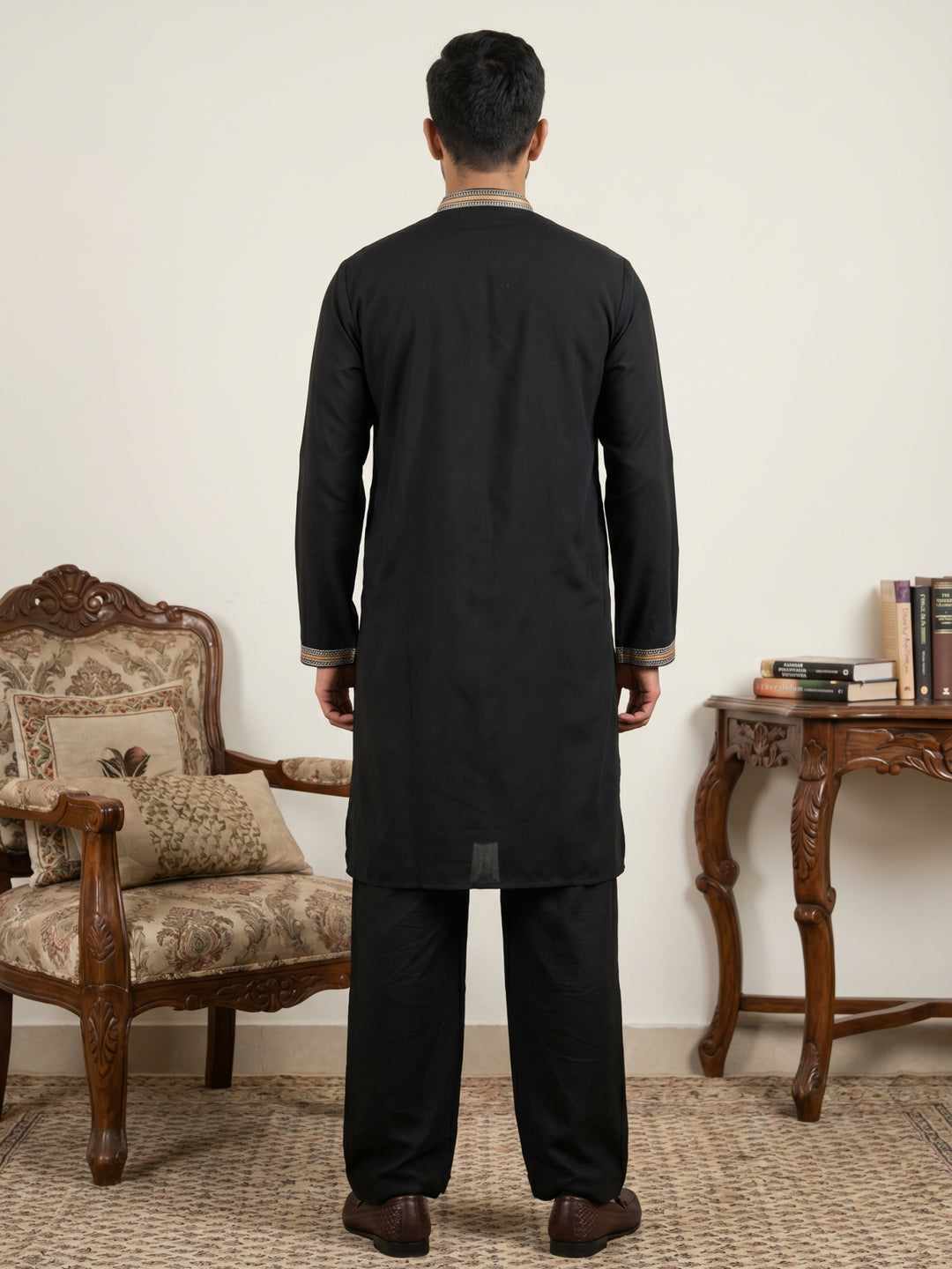 Black Cotton Blend Ethnic Embroidered Kurta With Korean Pants