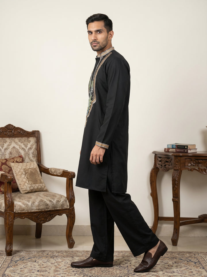 Black Cotton Blend Ethnic Embroidered Kurta With Korean Pants