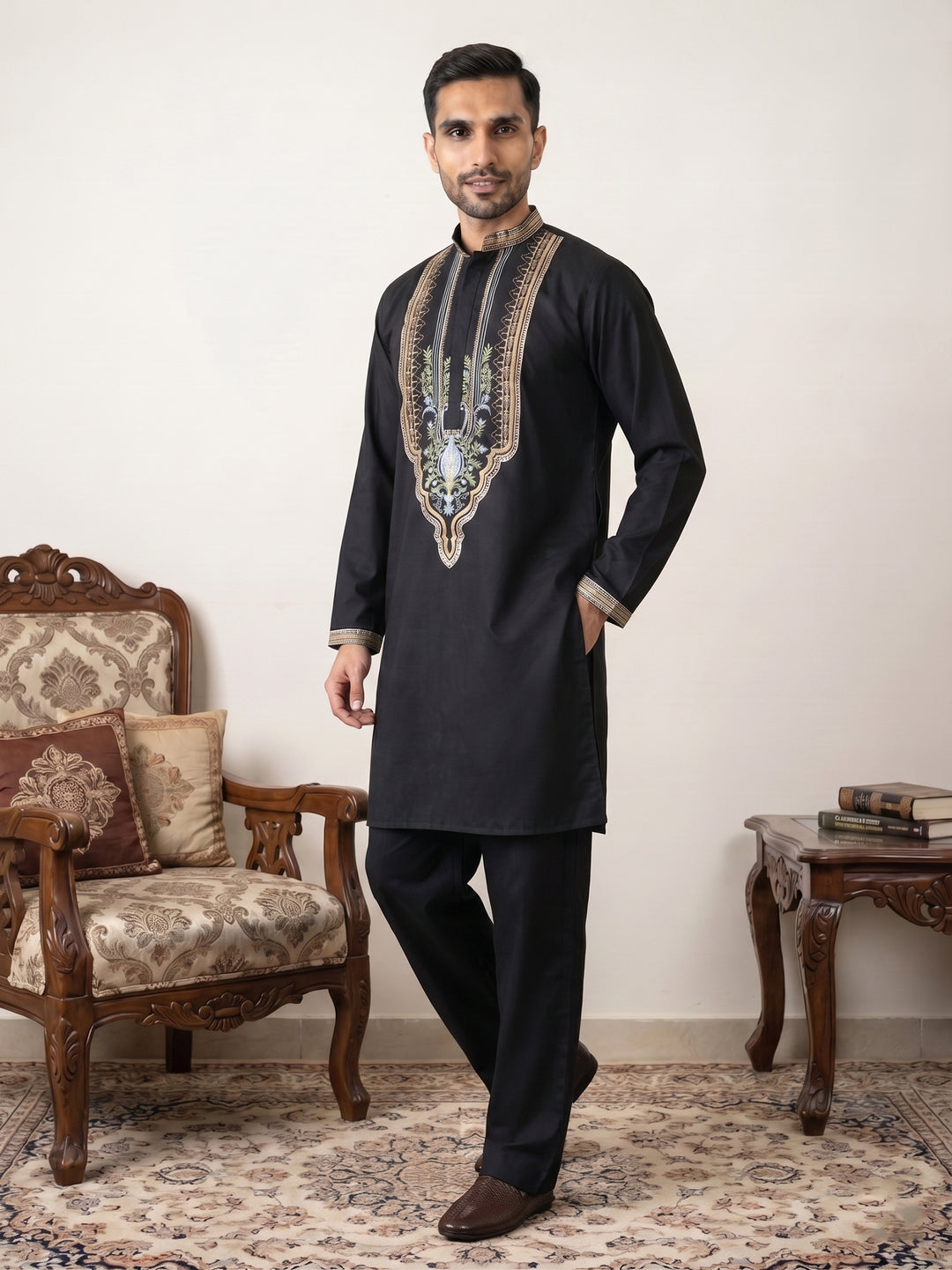 Black Cotton Blend Ethnic Embroidered Kurta With Korean Pants