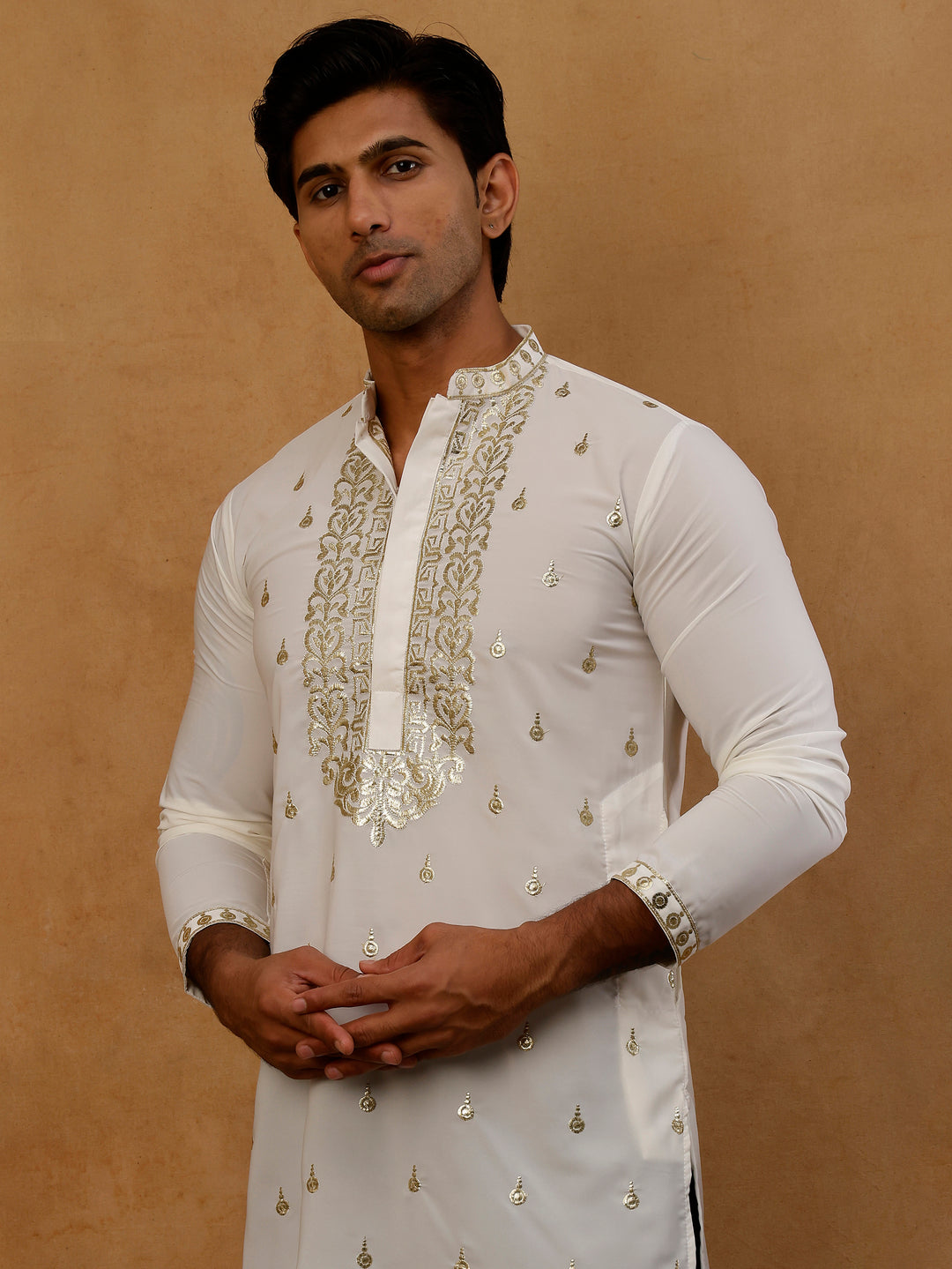 Men’S Cotton Blend Embroidered Kurta With Korean Pants