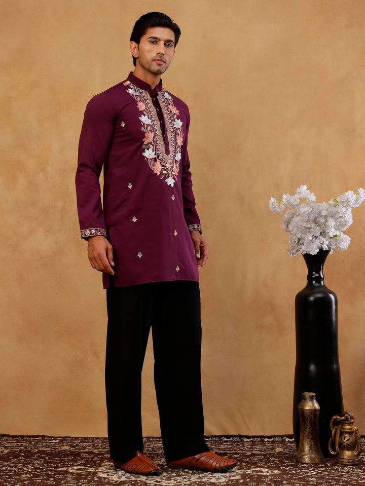 Cotton Blend Floral Embroidered Kurta With Korean Pants