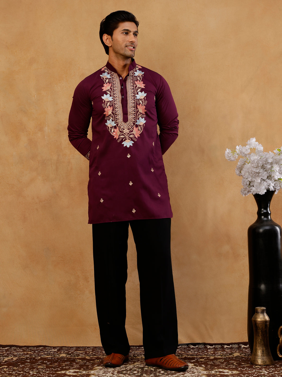 Cotton Blend Floral Embroidered Kurta With Korean Pants