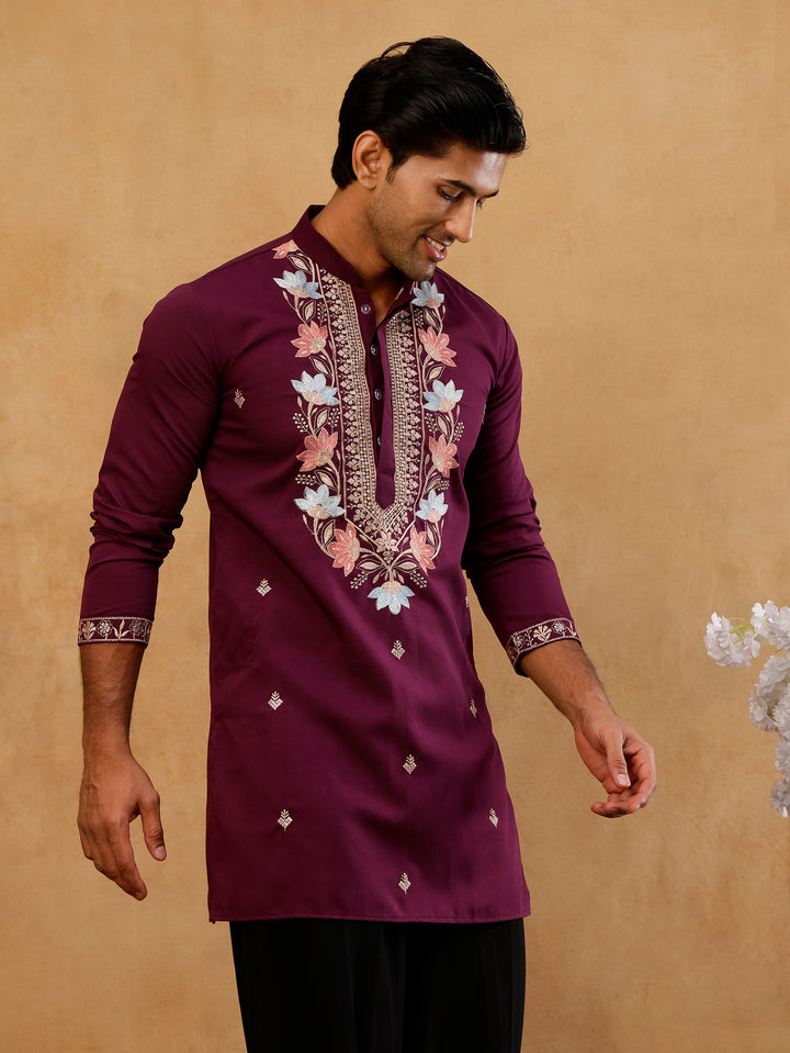 Cotton Blend Floral Embroidered Kurta With Korean Pants