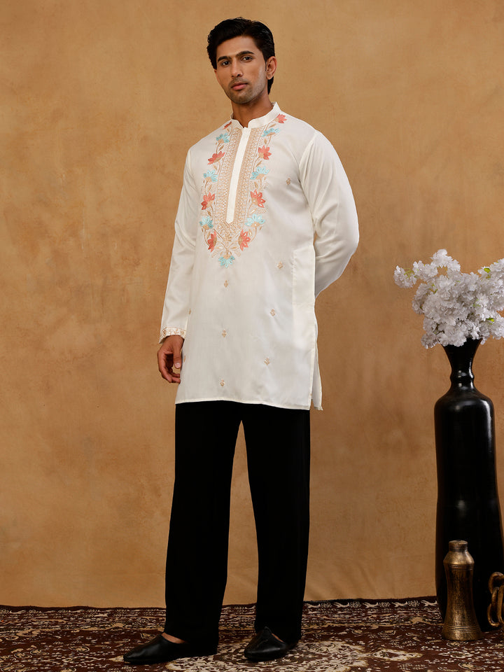 Cotton Blend Floral Embroidered Kurta With Korean Pants