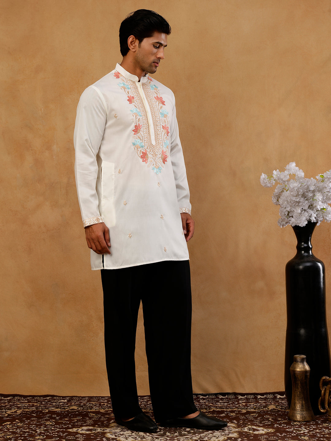 Cotton Blend Floral Embroidered Kurta With Korean Pants
