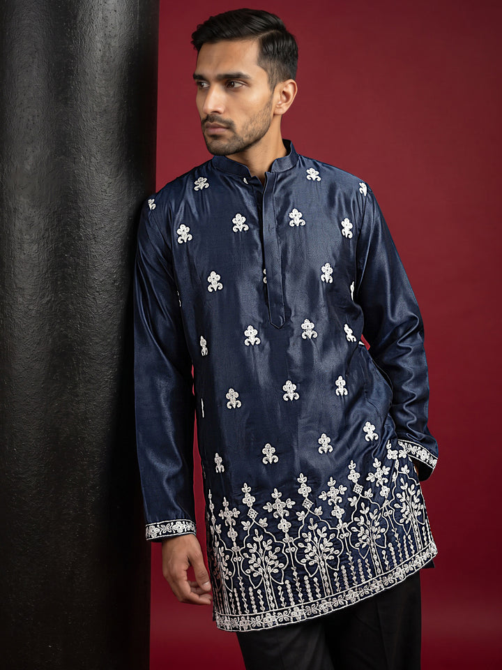 Men Ethnic Silk Blend Embroidered Kurta With Korean Pants