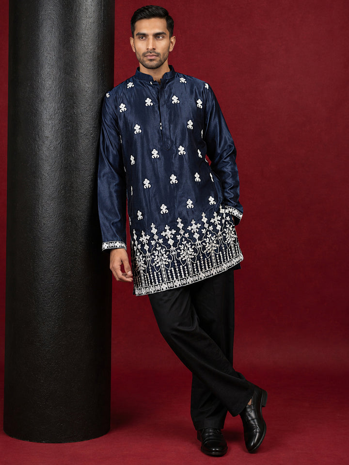 Men Ethnic Silk Blend Embroidered Kurta With Korean Pants