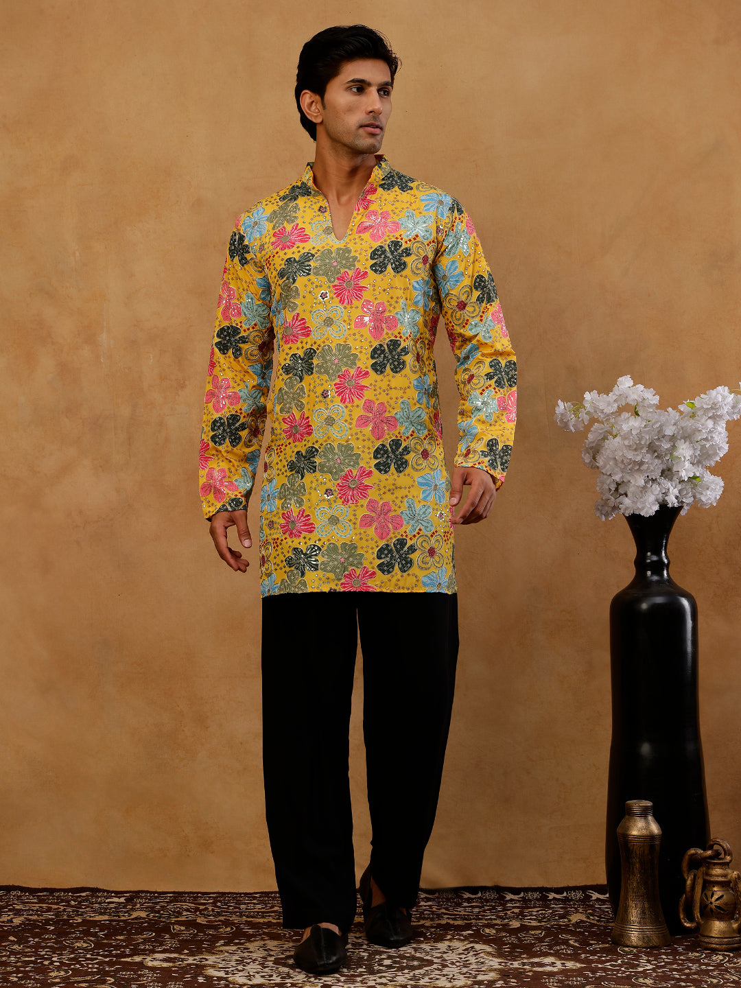 Silk Blend Designer Embroidered Kurta With Korean Pants