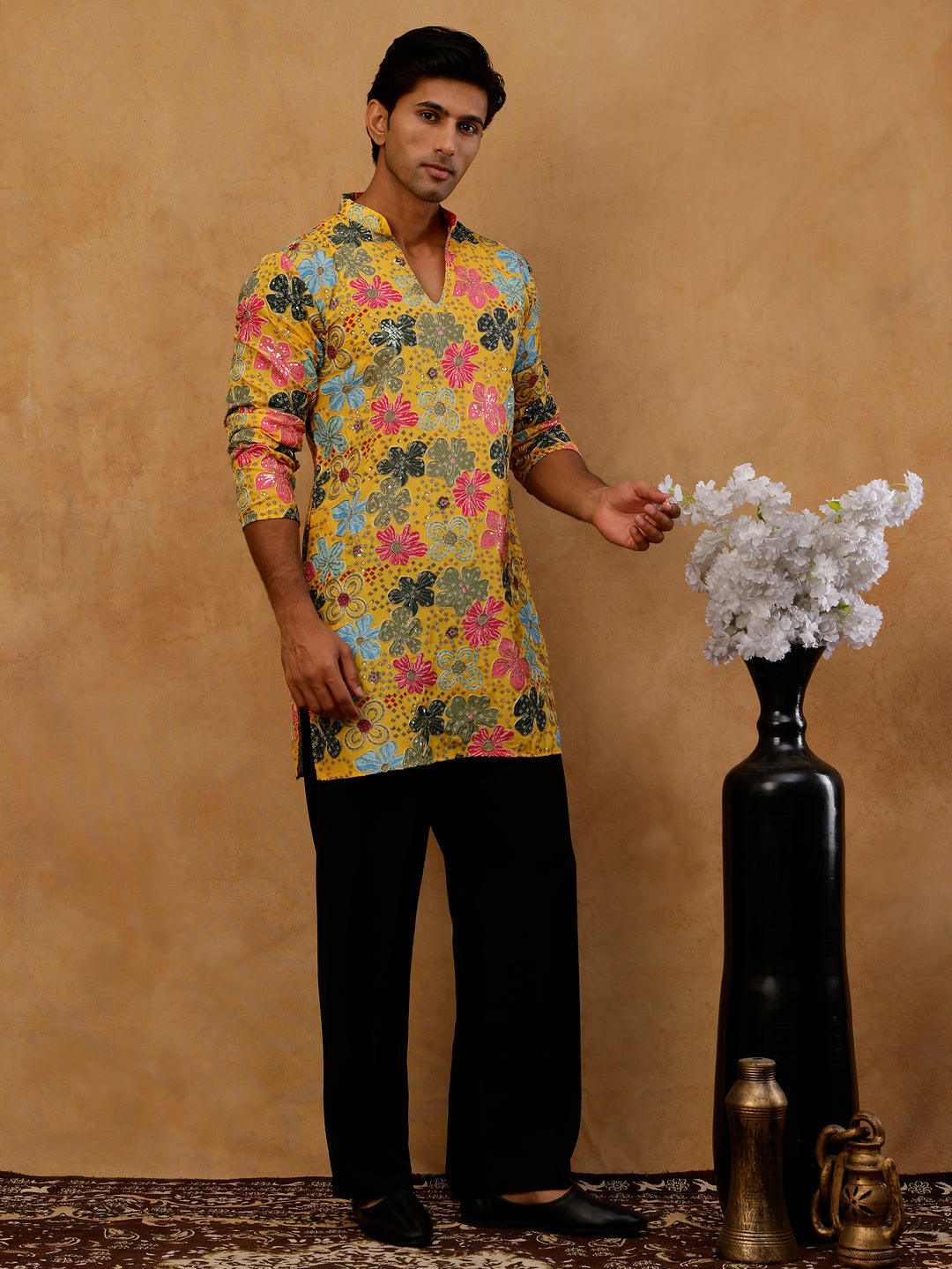 Silk Blend Designer Embroidered Kurta With Korean Pants