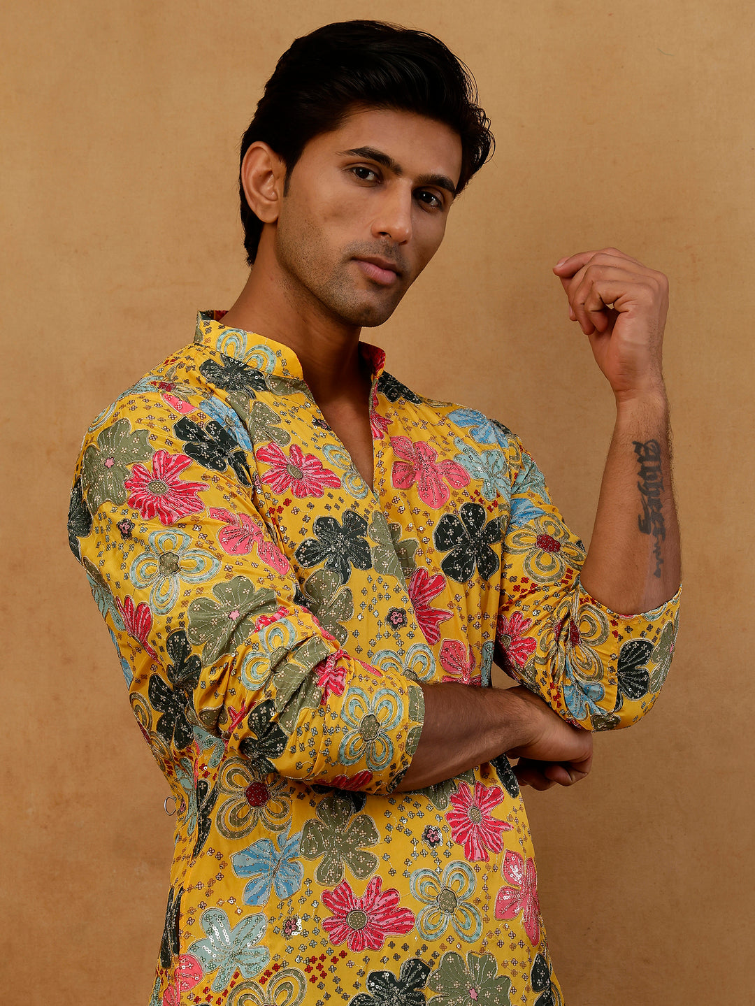 Silk Blend Designer Embroidered Kurta With Korean Pants