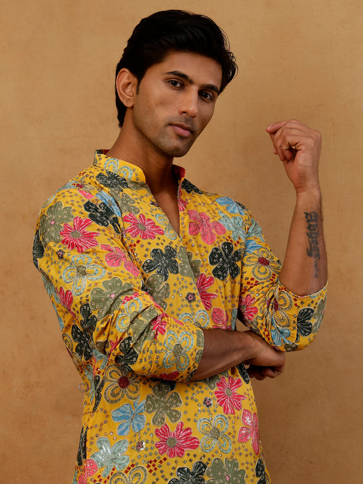Silk Blend Designer Embroidered Kurta With Korean Pants