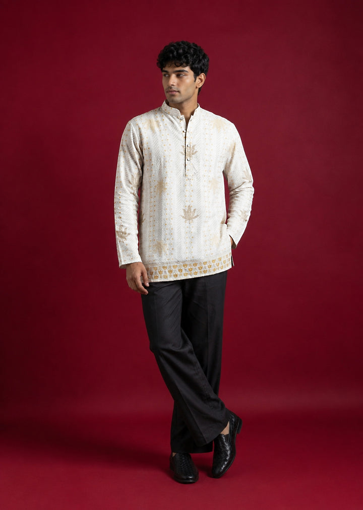 Cotton Blend Printed &amp; Thread Work Kurta With Korean Pants