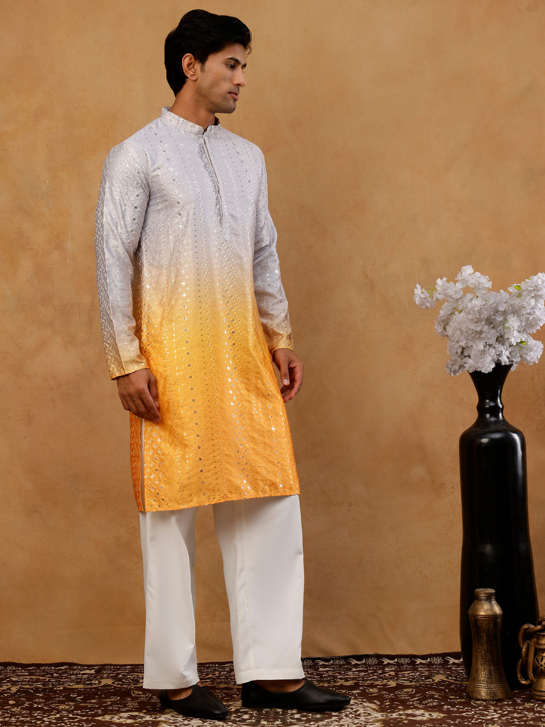 Ombre Silk Blend Sequin Kurta With Korean Pants
