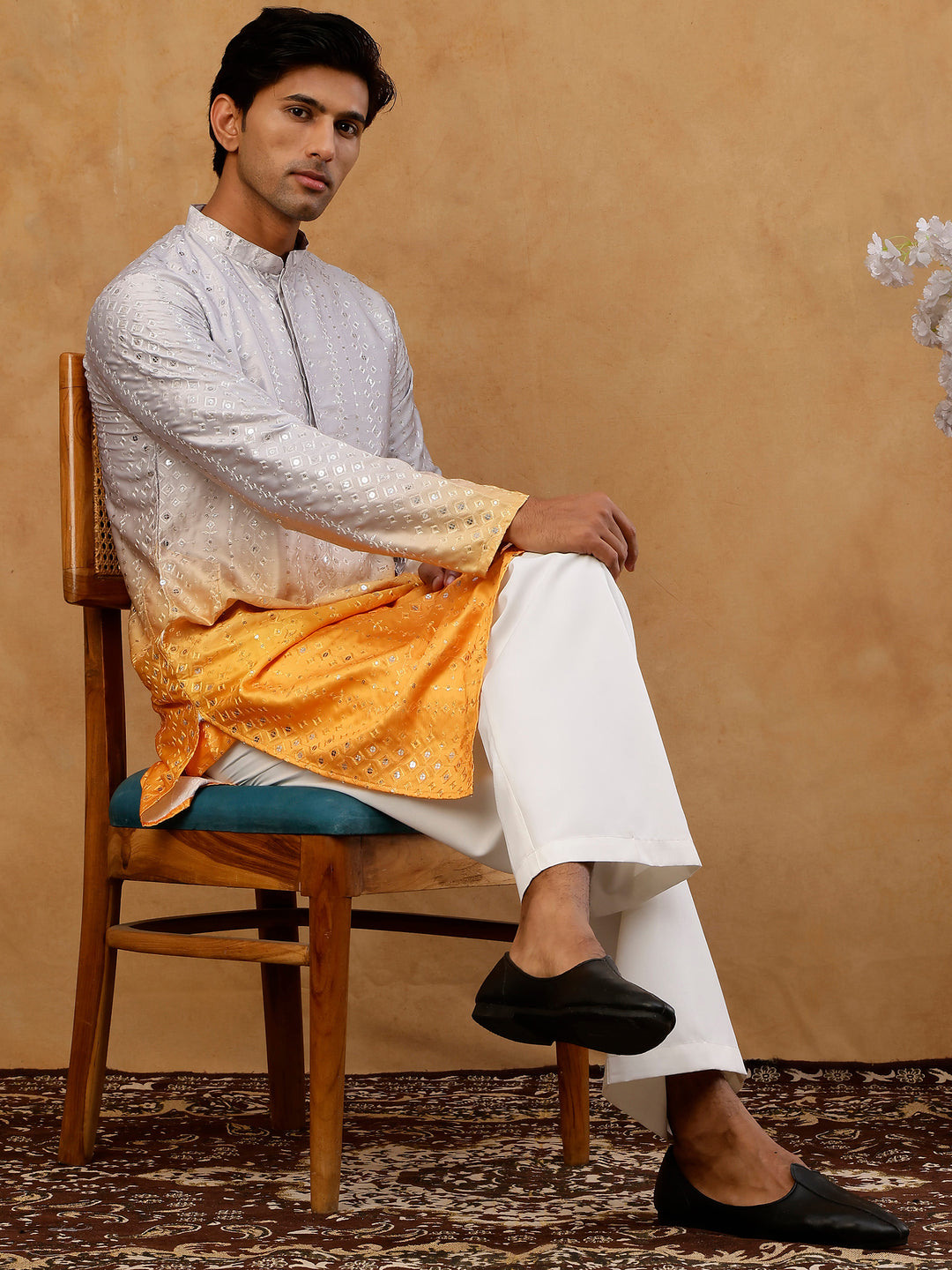 Ombre Silk Blend Sequin Kurta With Korean Pants