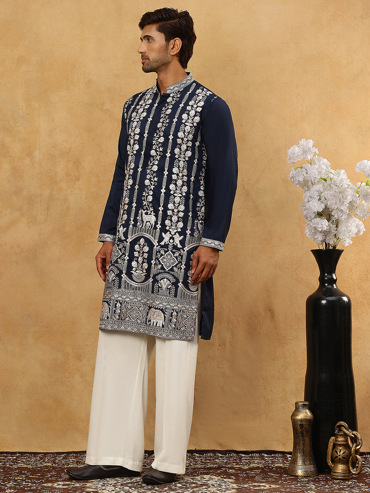 Men Silk Blend Embroidered Kurta Pyjama