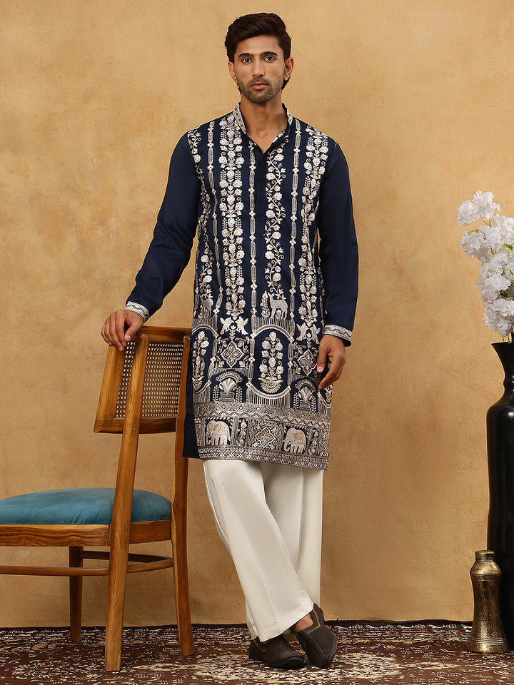 Men Silk Blend Embroidered Kurta Pyjama