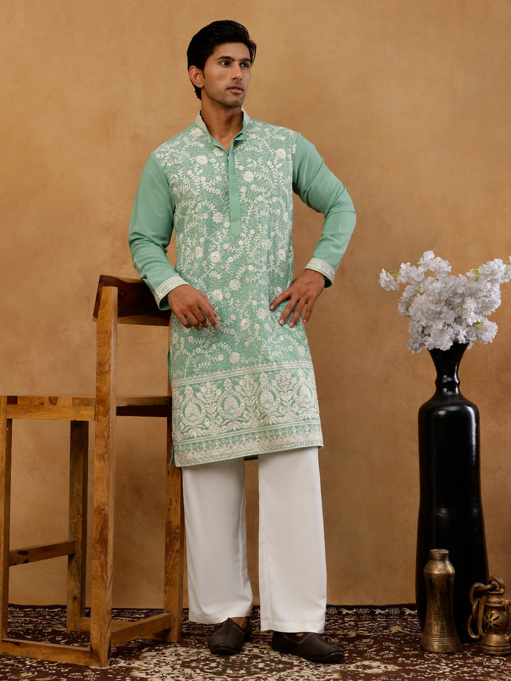 Classic Silk Blend Embroidered Kurta With Korean Pants