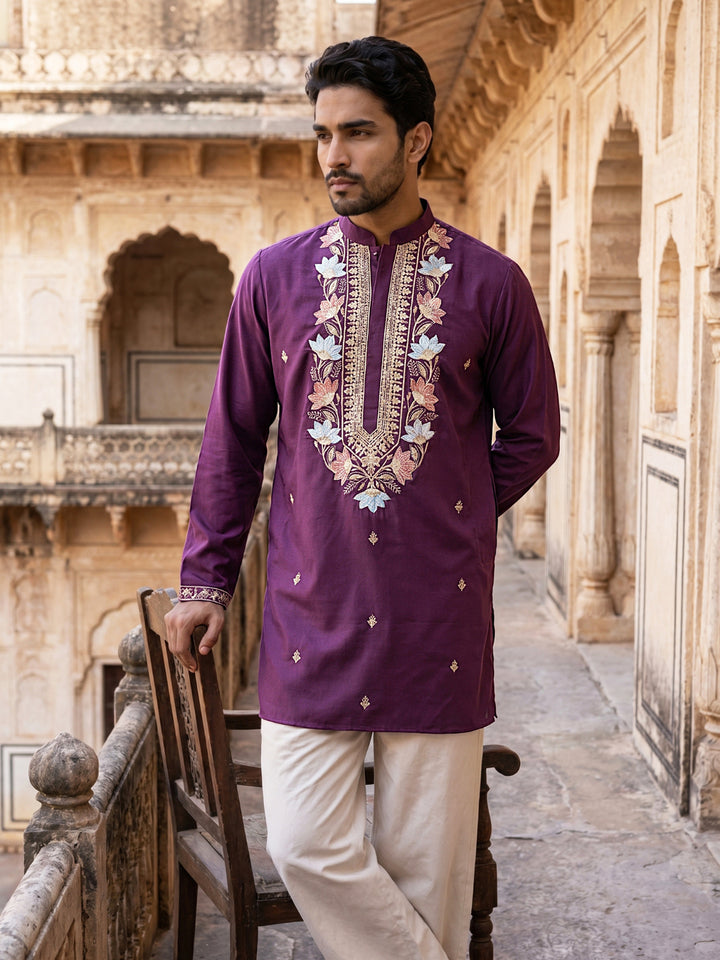 Cotton Blend Floral Embroidered Kurta Set