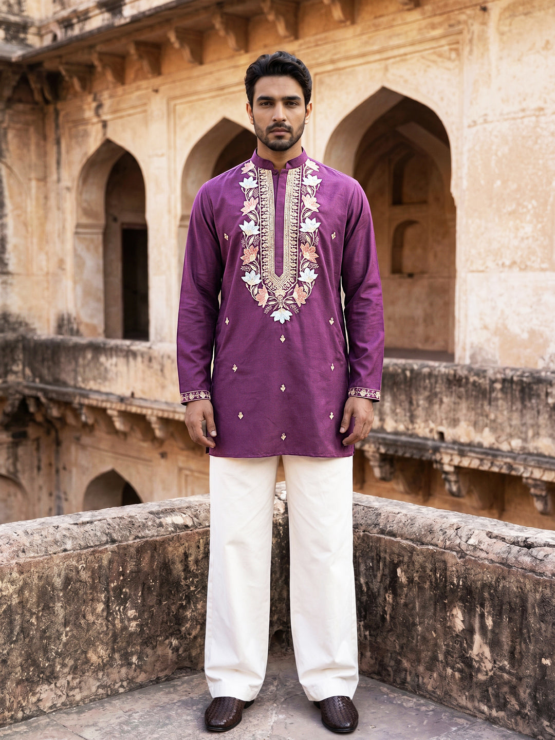 Cotton Blend Floral Embroidered Kurta Set