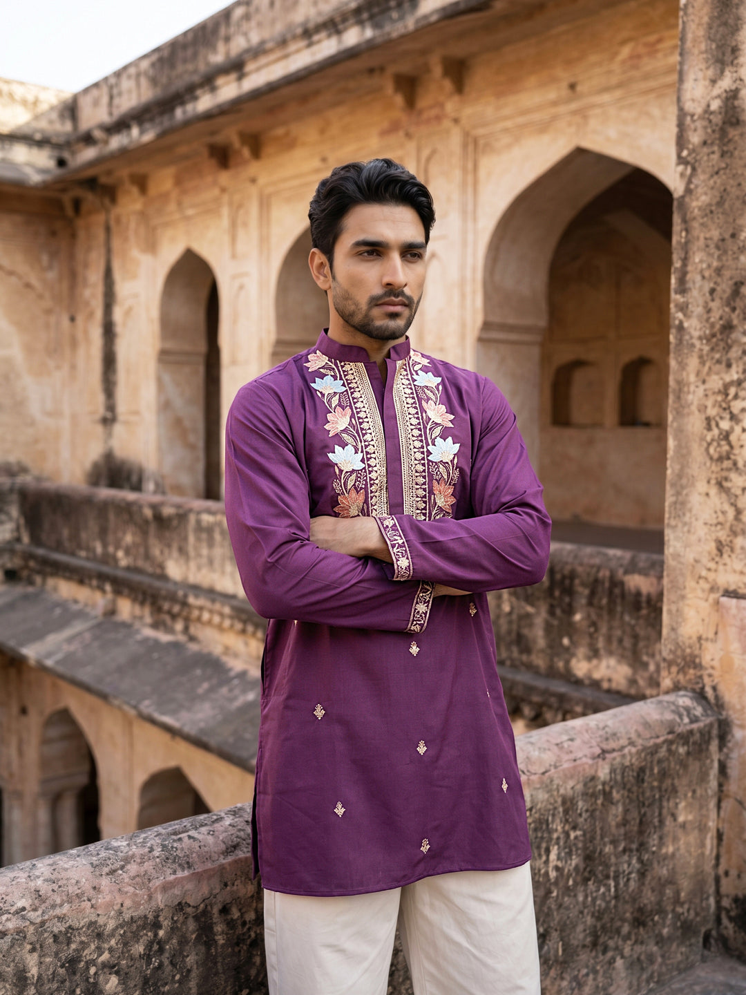 Cotton Blend Floral Embroidered Kurta Set
