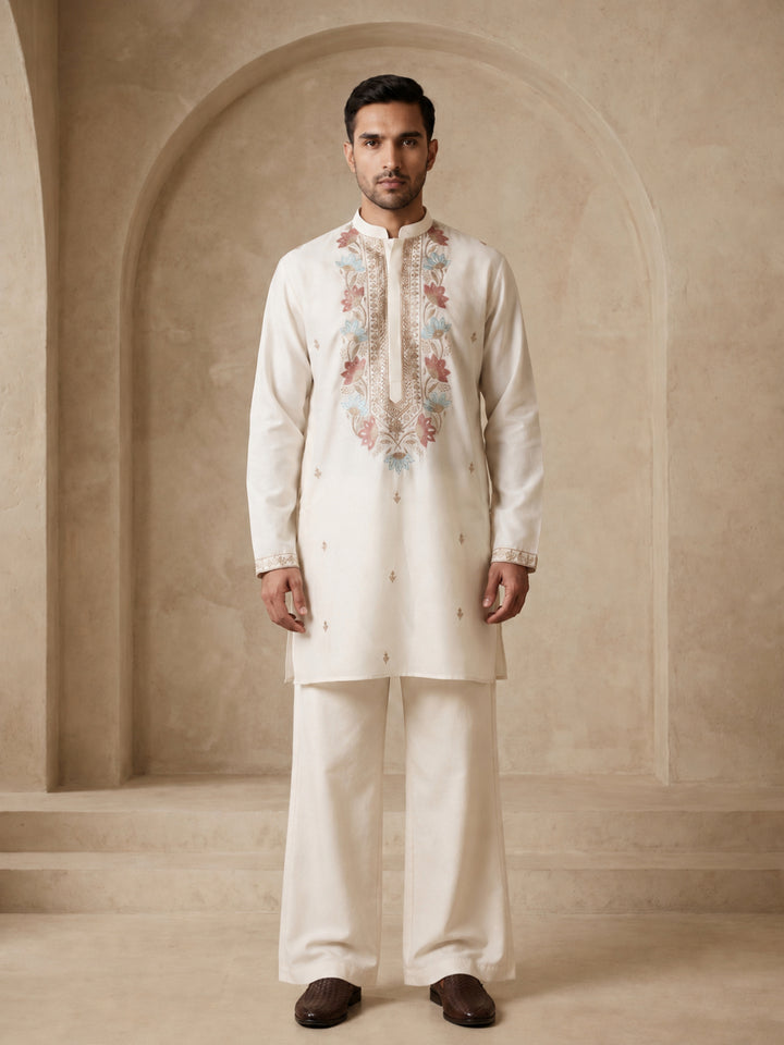 Cotton Blend Floral Embroidered Kurta Set
