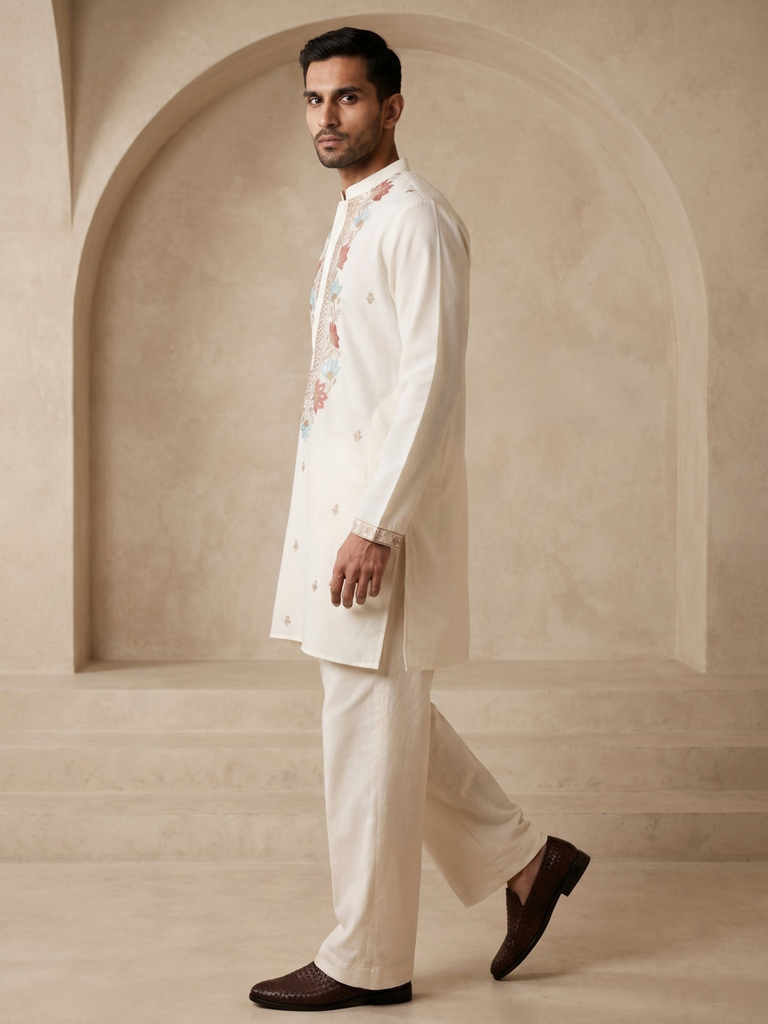 Cotton Blend Floral Embroidered Kurta Set
