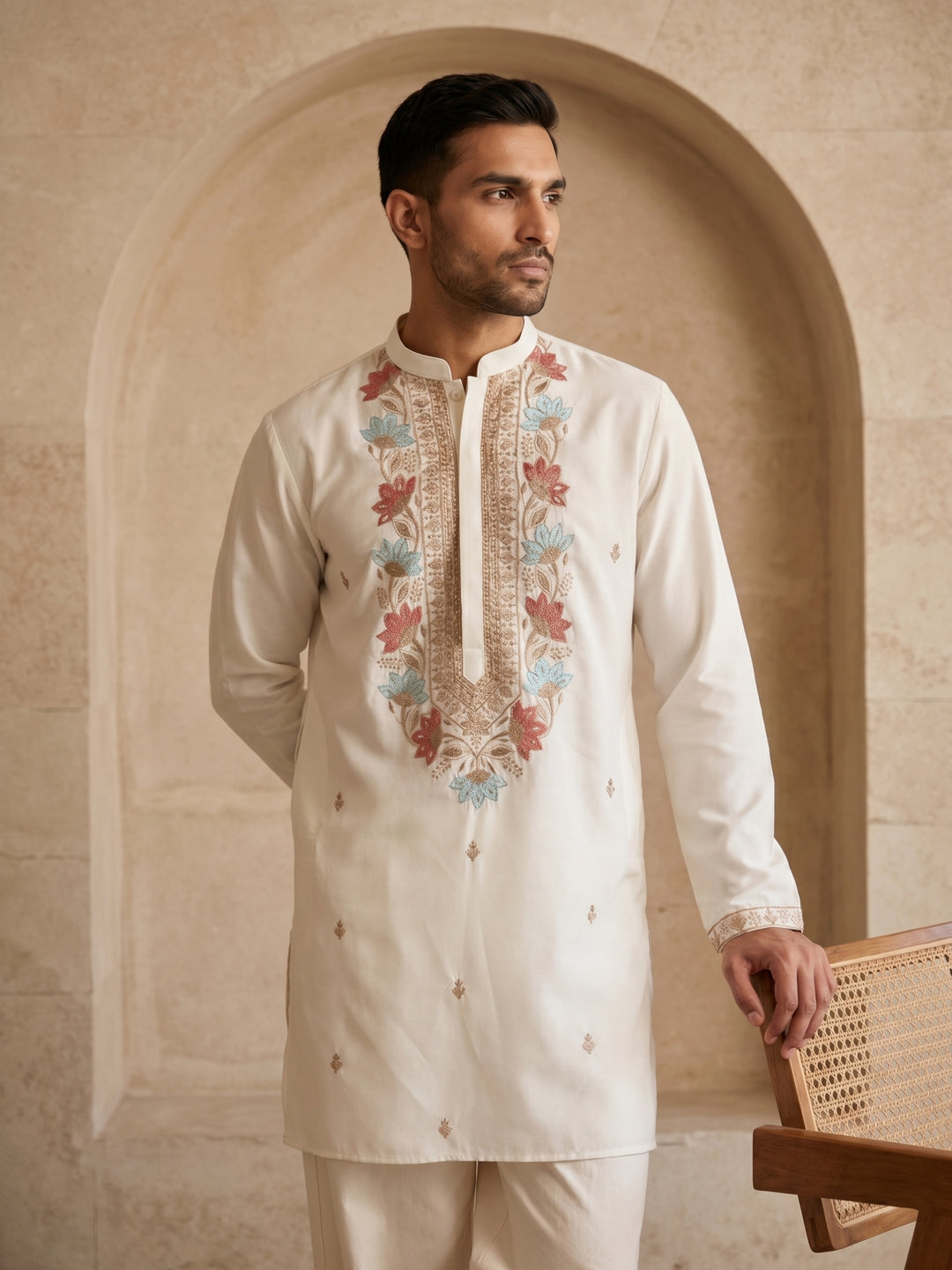 Cotton Blend Floral Embroidered Kurta Set