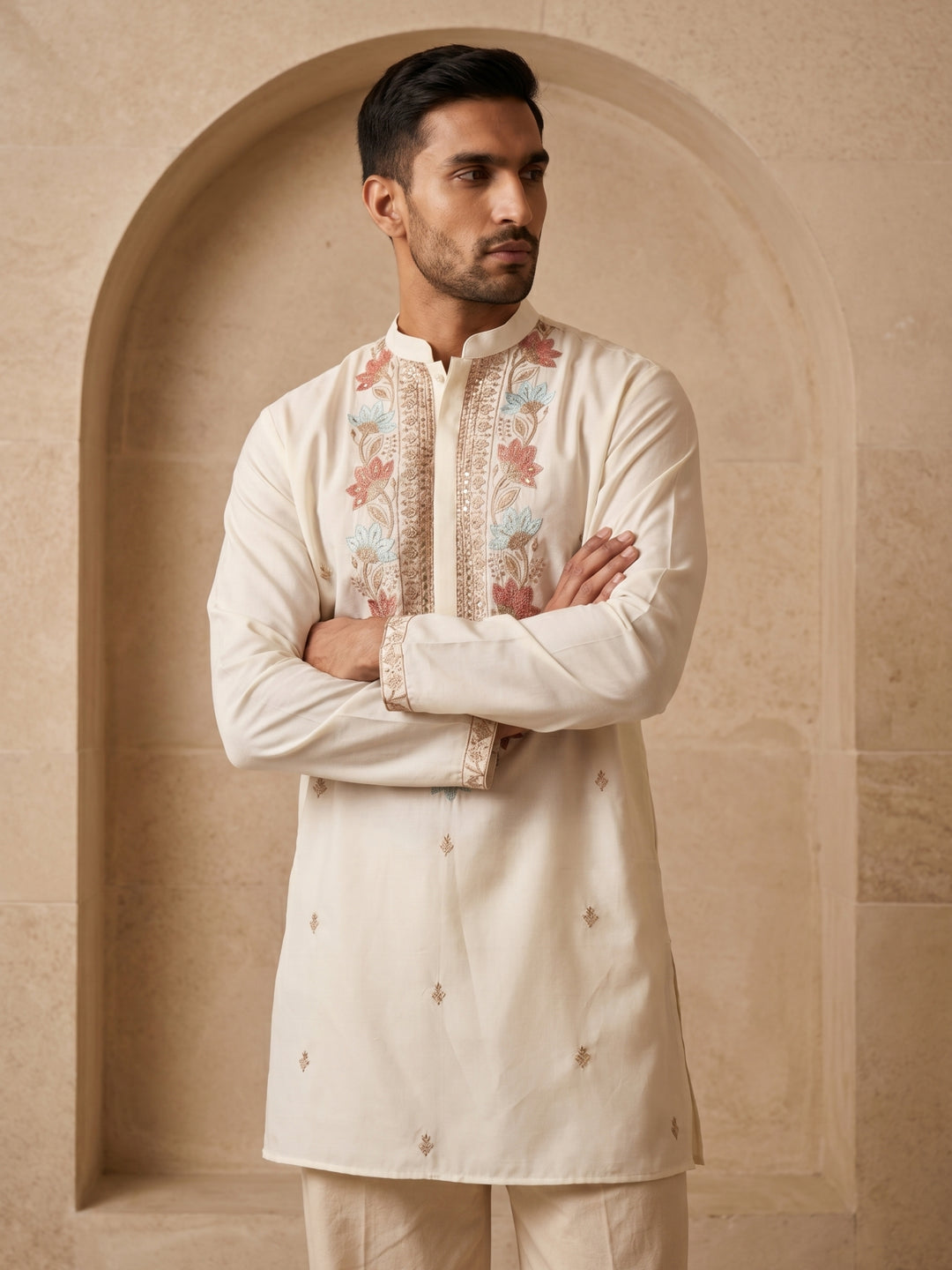 Cotton Blend Floral Embroidered Kurta Set