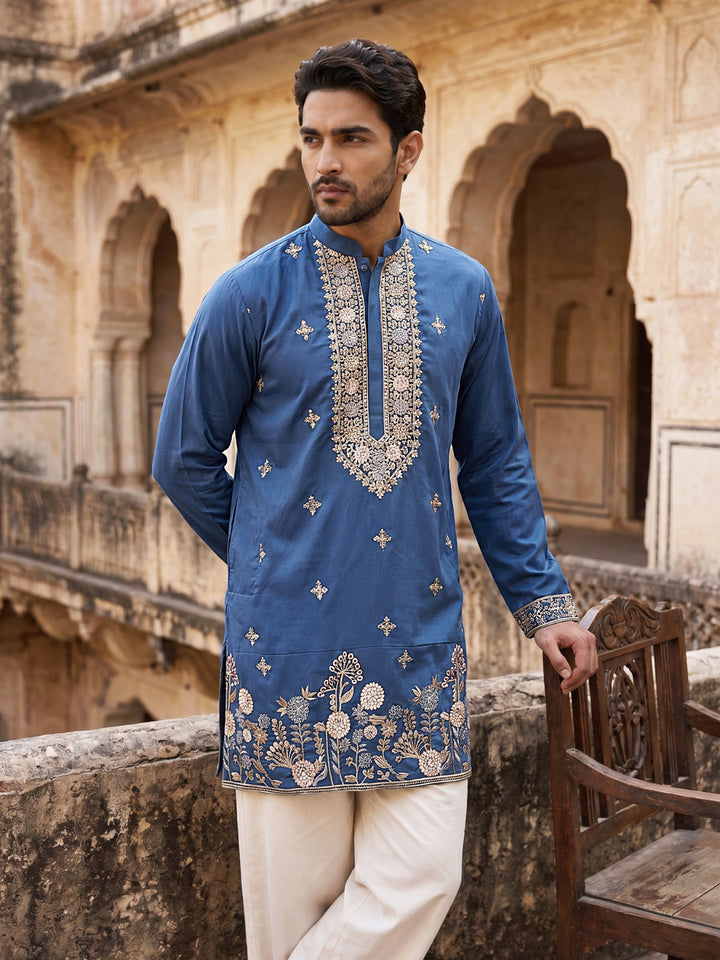Cotton Blend Floral Embroidered Kurta Set