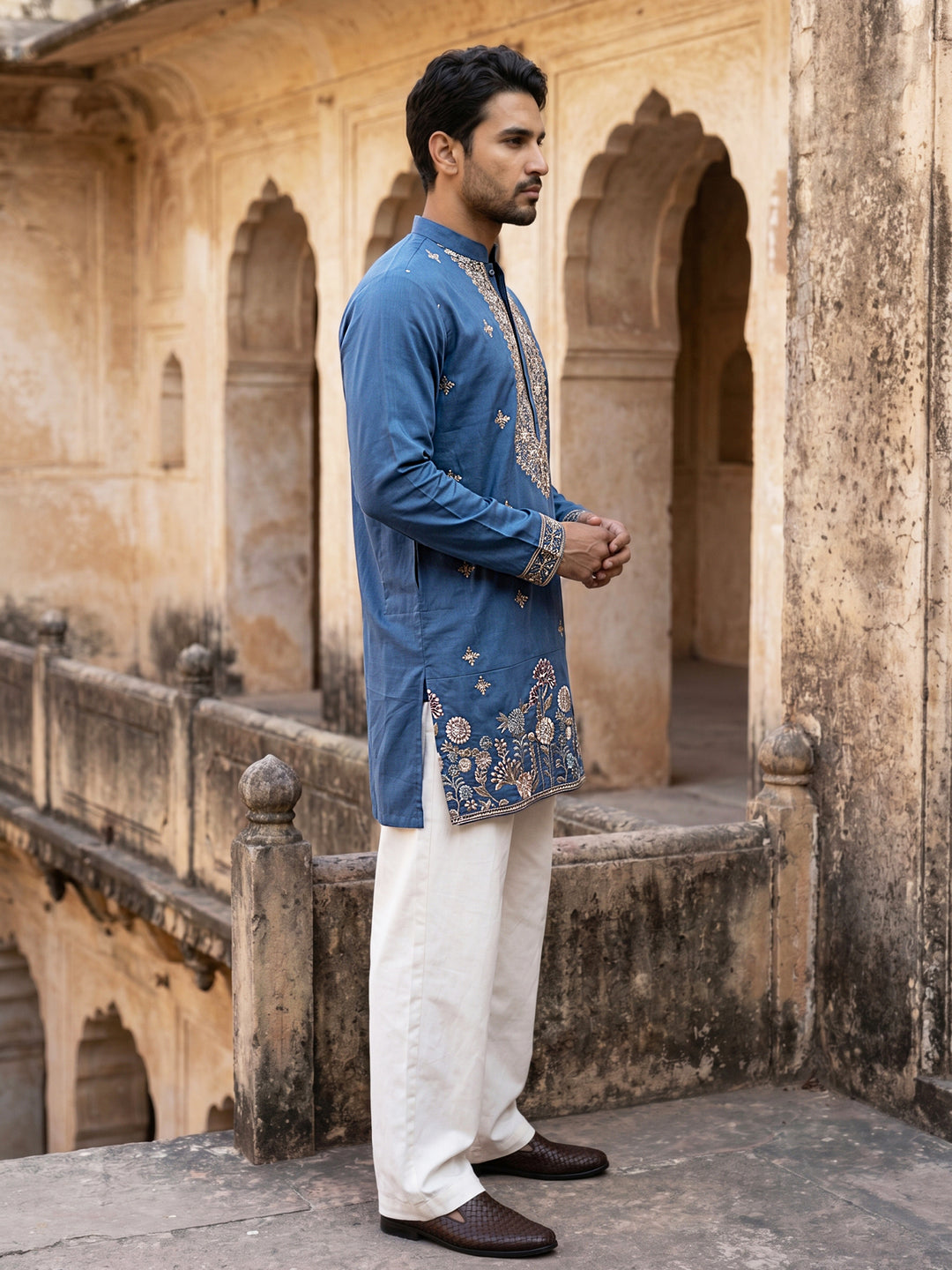Cotton Blend Floral Embroidered Kurta Set