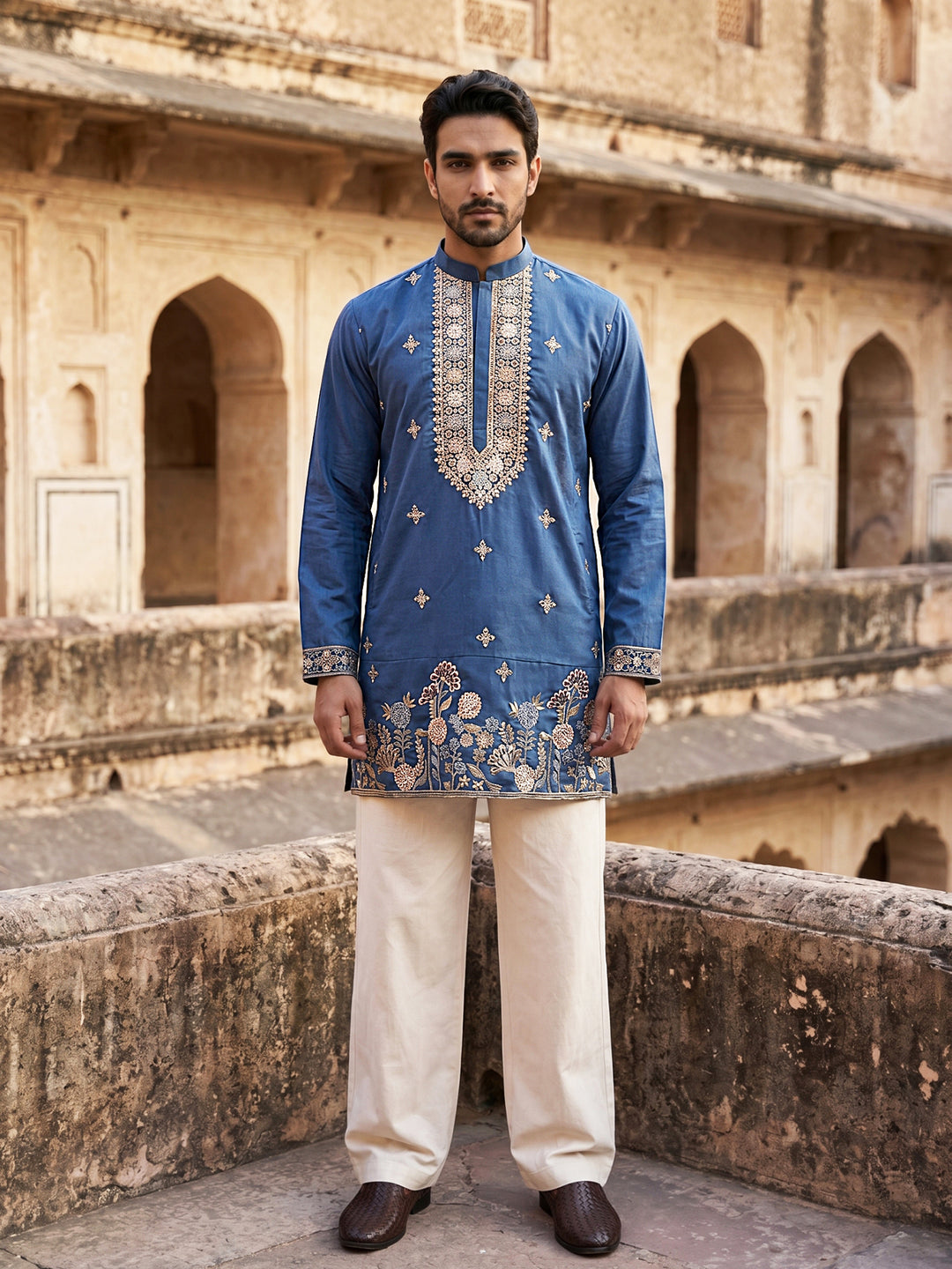 Cotton Blend Floral Embroidered Kurta Set
