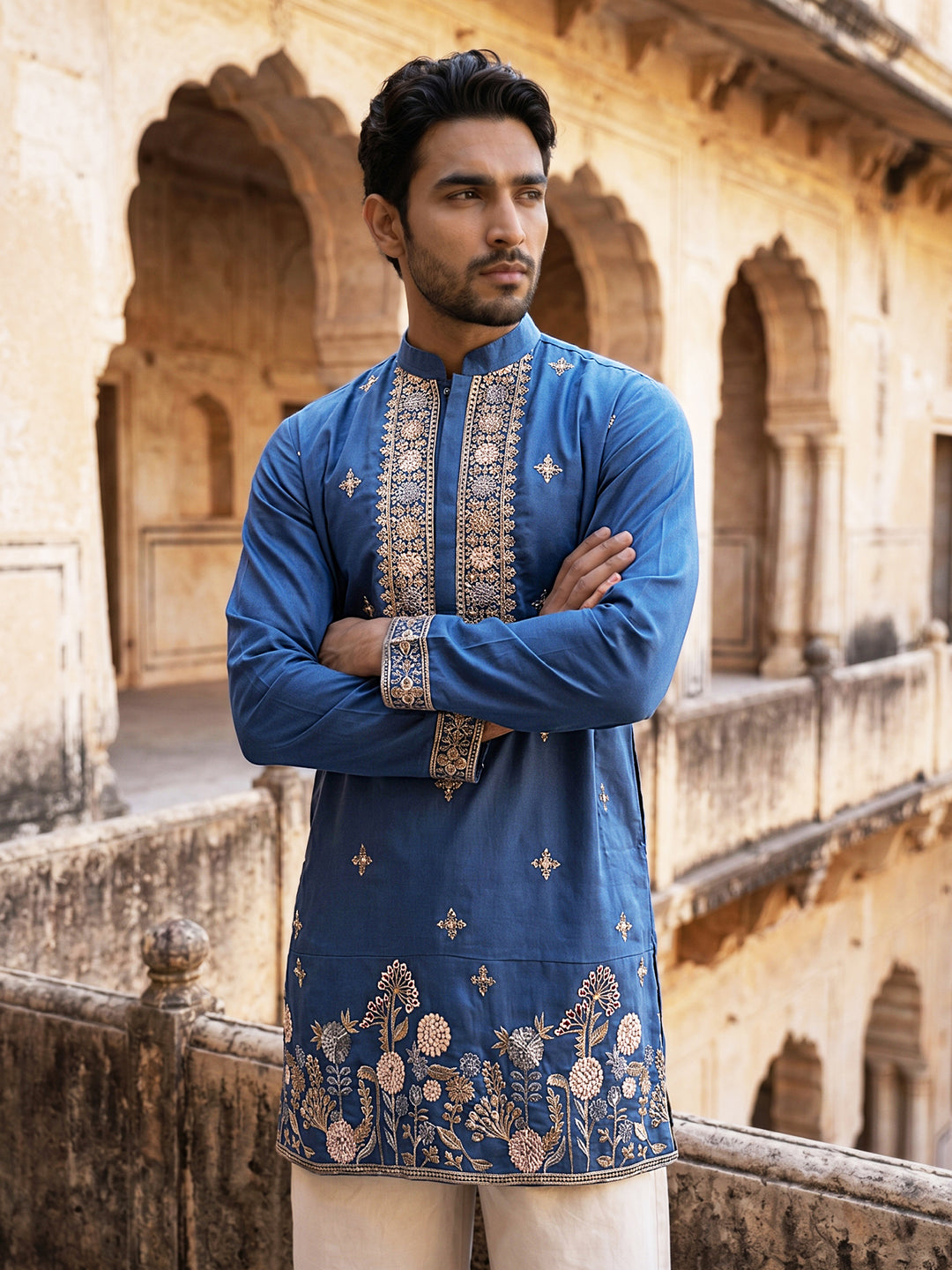 Cotton Blend Floral Embroidered Kurta Set