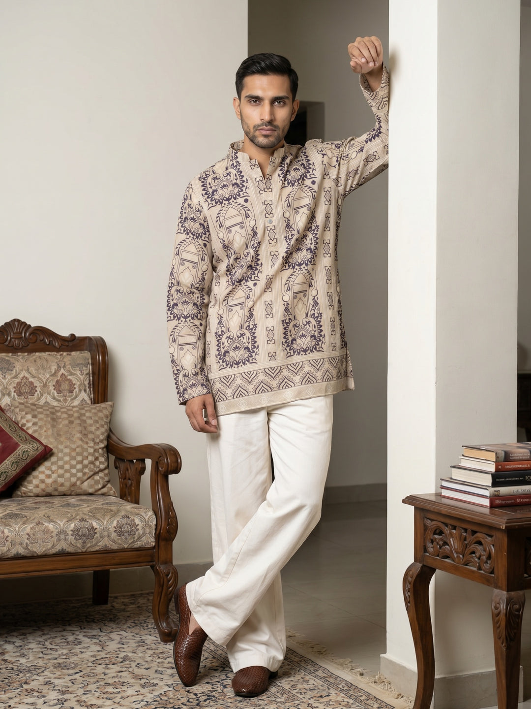 Cotton Blend Ethnic Printed Kurta With Korean Pants