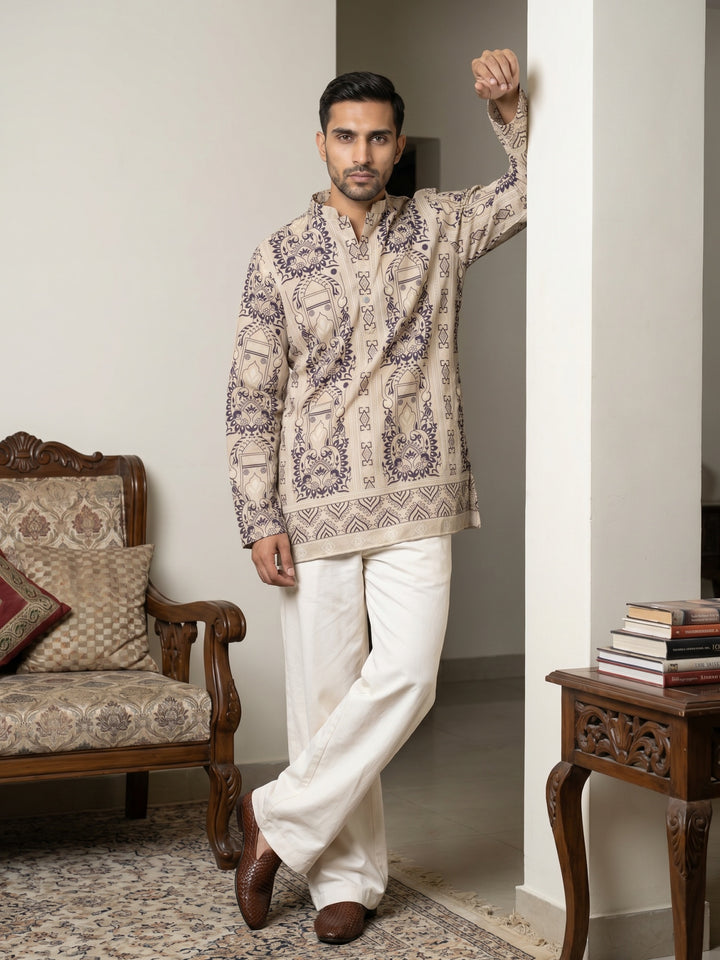 Cotton Blend Ethnic Printed Kurta With Korean Pants