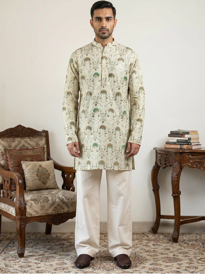 Silk Blend Foil Print Kurta &amp; Korean Pants Set