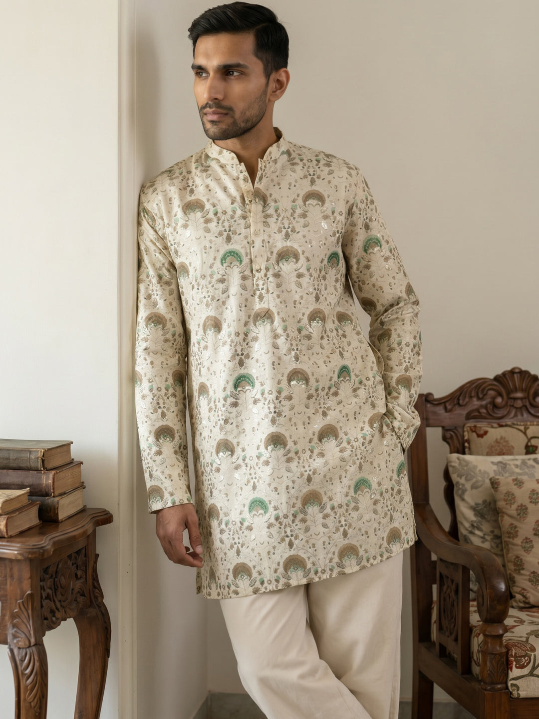 Silk Blend Foil Print Kurta &amp; Korean Pants Set