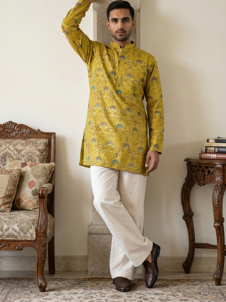 Silk Blend Foil Print Kurta &amp; Korean Pants Set