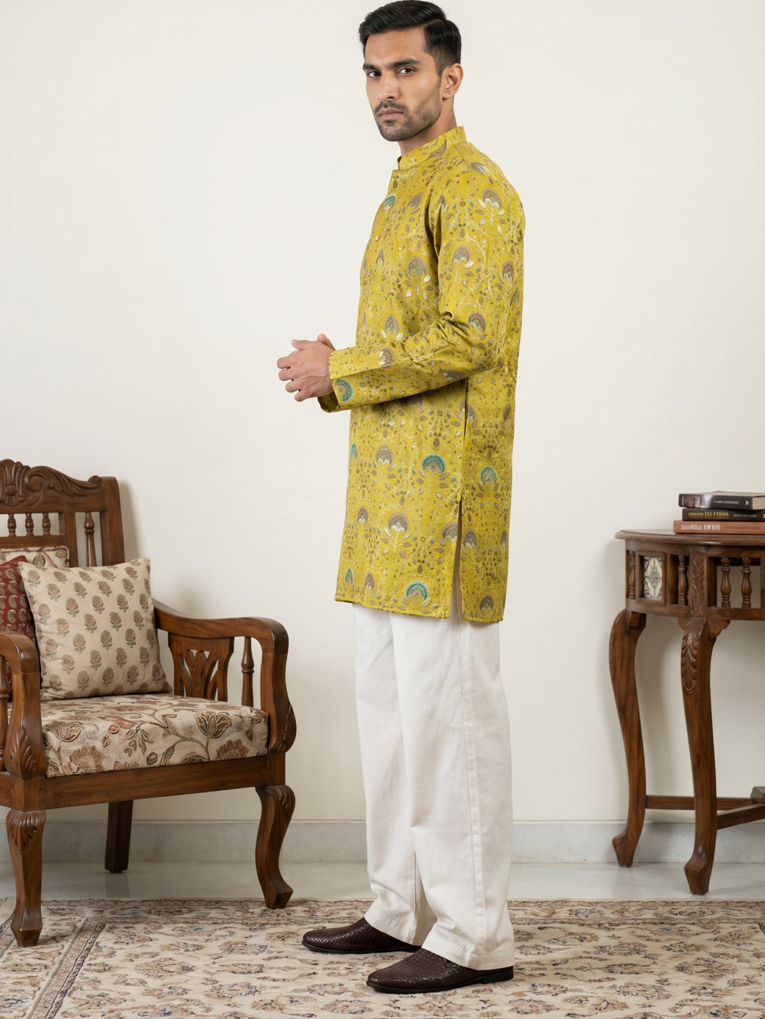 Silk Blend Foil Print Kurta &amp; Korean Pants Set