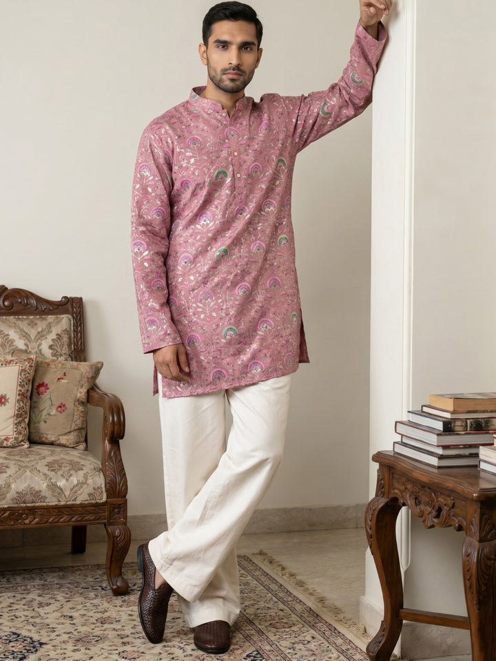 Silk Blend Foil Print Kurta &amp; Korean Pants Set