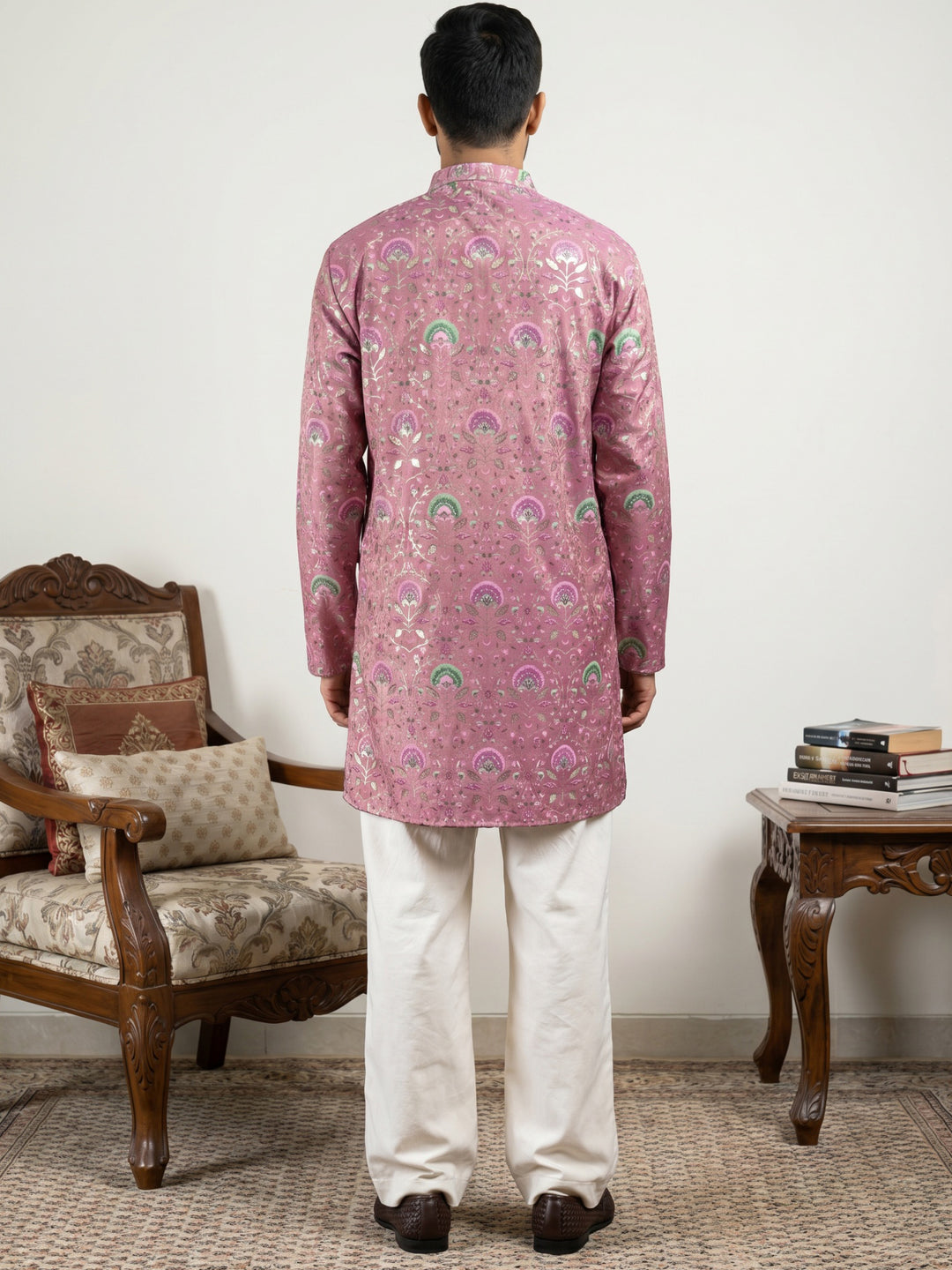 Silk Blend Foil Print Kurta &amp; Korean Pants Set